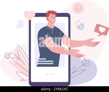 Mann im Smartphone sendet Liebesbotschaft. Fröhliche romantische männliche Beziehung, Fernbeziehung oder Freundschaft. Moderner Online-Lifestyle, Vektorkonzept Stock Vektor