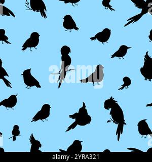 Dekoratives nahtloses Muster mit schwarzen Vogelsilhouetten auf Blau. Stoff, Verpackung, Tapetenausdrucke, Webseiten-Vorlage. Einfacher Vektorhintergrund Stock Vektor