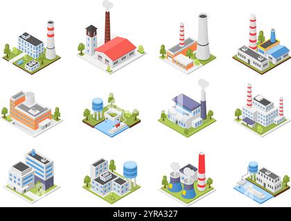 Isometrische 3D-Fabrik. Industriegebäude, Fabriken, Wasseraufbereitungsstation, Lagerhäuser. Städtisches Gebäude mit Rohren, verschiedene Einrichtungen makellos Stock Vektor