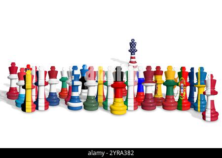 Schach aus EU-Mitgliedstaaten und USA-Flaggen auf weißem Hintergrund Stockfoto