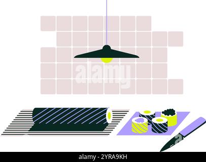 Sushi-Vorbereitung Werkzeuge Und Zutaten In Der Flachen Vektor-Illustration, Die Japanische Küche Und Kulinarische Fähigkeiten Symbolisiert, Isoliert Auf Weißem Hintergrund. Stock Vektor