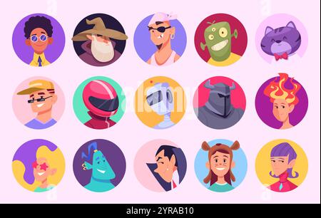 Web-Avatar. Emoticons mit lustigen Gesichtern märchenhafte Kreaturen Tiere Maskottchen von Spielen Fantasy Personen gruselige Masken exakte Vektoravatare werden eingesetzt Stock Vektor