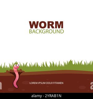 Wurm im Boden. Lustiger Maskottchenwurm mit großen Augen. Hintergrund des Vektorkonzepts Stock Vektor