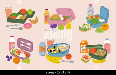 Lunchbox. Gesunde Produkte für schnelle Snacks Behälter mit Lebensmitteln Obst und Sandwiches aktuelle Vektor stilisierte Illustrationen Stock Vektor