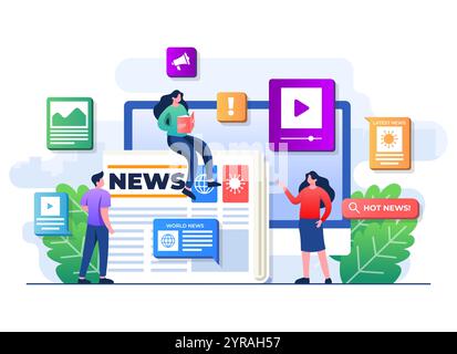 Personen-Charaktere durchsuchen Online-Massenmedien-Feeds, Leute lesen Nachrichtenartikel, Online-Zeitung, News-Webseite, Internet-Newsletter mobile Anwendung Stock Vektor