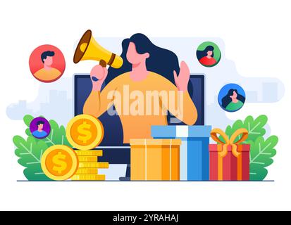 Empfehlen Sie einen Freund Strategie Konzept flache Illustration Vektor Vorlage, Frau mit Megaphon auf Laptop Bildschirm, Empfehlungsprogramm, Affiliate Marketing Conep Stock Vektor