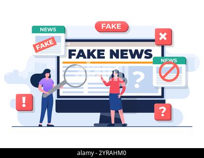 Verbreitung von Fake News Konzept flache Illustration Vektor Vorlage, Leute Charakter Analyse falsche Informationen über Online Nachrichten, Presse, Junk Nachrichten Inhalt, Stock Vektor