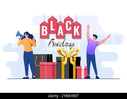 Black Friday Big Sale Konzept flache Illustration Vektor Vorlage, glückliche Leute mit Geschenkboxen und Einkaufstaschen, Online-Shopping, große Promotion Discou Stock Vektor