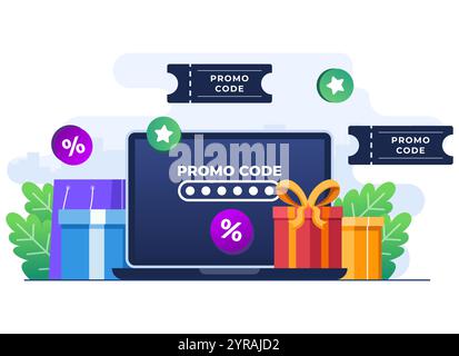 Verwenden Sie den Aktionscode bei der Online-Shopping-Kasse, Rabattcode, Geschenkgutschein, Geschenkkarte, Bonus, Werbekampagne Konzept Vektor flache Illustration für W Stock Vektor