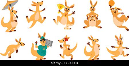 Niedliches Känguru mit Zeichentrick. Fröhliche Kängurufiguren, australische Beuteltiere, die beim Laufen springen, hören Musik. Wildtiere lustige klassische Vektor-Clipart Stock Vektor