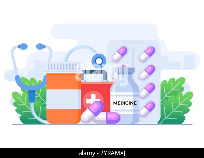 Medikationen flache Illustration Vektorvorlage, medizinische Medikamente, Tabletten, Kapseln, verschreibungspflichtige Flaschen, Apotheke, Gesundheitswesen und Krankenversicherung Stock Vektor