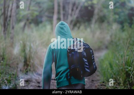 Der Rücken des jungen Fotografen trägt grünen Hoodie, der mit schwarzer Kameratasche auf dem Weg durch den Wald läuft, mit verschwommenem Hintergrund der grünen Natur im Winter Stockfoto