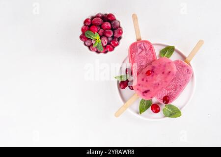 Cranberry süßes Eis, gefrorene Sorbetlollypops mit Joghurt und Beeren, auf weißer Platte, mit frischen Cranberry und Minzblättern Stockfoto