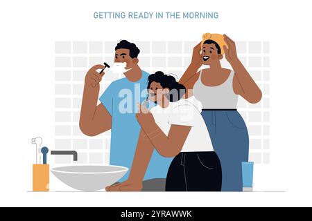 Familienmorgendliches Routinekonzept. Die Abbildung zeigt Personen, die in der täglichen Körperpflege im Badezimmer tätig sind. Zähneputzen, Hautpflege, Pflege. Vektorabbildung. Stock Vektor