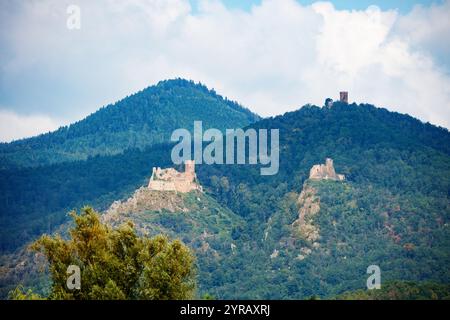 Malerischer Blick auf ein Schloss auf einem Hügel Chateau du Haut-Ribeaupierre Stockfoto