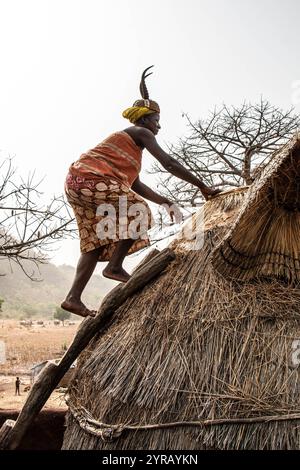 Frau in traditioneller Tracht mit Gehörntem Hut, Kletterleiter zum Dach ihres Tonhauses in einem Togo Village Stockfoto