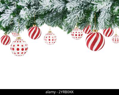 Weihnachtsschmuck Kugel weiß und rot und Weihnachtsbaumzweig im Schnee isoliert auf weißem Hintergrund mit Kopierraum und Beschneidungspfad. Design-Elemente Stockfoto