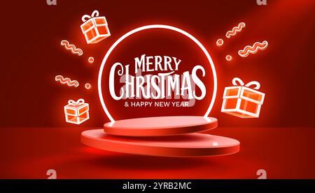 Frohe Weihnachten, rotes Neon-Podium für Neujahr mit Grußtext. Vektor Stock Vektor