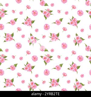 Nahtloses Muster mit rosa Sakura-Blüten und grünen Blättern. Blumenmuster. Für Textilien, Bedrucken. Handgezeichnete Aquarellillustration. Stockfoto