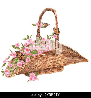 Korb voller Sakura-Zweige mit rosa Blüten, grünen Blättern und Monarchschmetterlingen. Handgezeichnete Aquarellillustration. Stockfoto