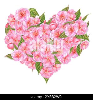 Ein Herz voller rosafarbener Sakura-Blüten und grüner Blätter. Das Blumenherz. Für Postkarten. Handgezeichnete Aquarellillustration. Stockfoto