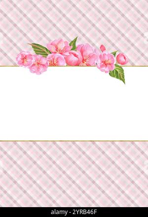 Fertige Postkarte mit rosafarbenem Karomuster, horizontalem goldenem Rahmen, rosa Sakura-Blüten, grünen Blättern. Einladung, Faltblatt-Layout, Grußkarte. H Stockfoto