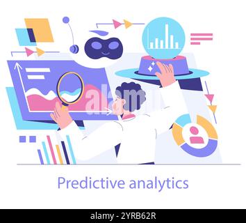 Data Science-Konzept. Ein Analyst untersucht komplexe Diagramme für Prognosen mit Tools zur prädiktiven Analyse. Vektorabbildung. Stock Vektor