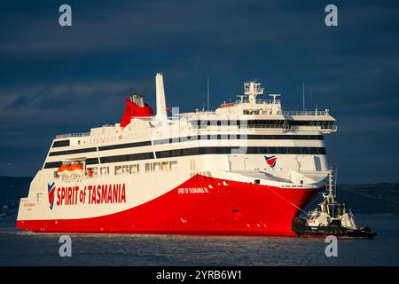 Leith, Edinburgh, Schottland, Großbritannien. Dezember 2024. Die neu gebaute Passagierfähre Spirit of Tasmania IV kommt im Hafen von Leith nach BE an. Bis zu zwei Jahre eingemostet. Die 212 m lange Zweistofffähre wird im Hafen von Leith gelagert, da sie zu groß ist, um die bestehenden Anlegestellen in der australischen Stadt Devonport zu beherbergen. Sie wurde von ihrer Werft in Finnland wegen des Wintereises verlegt. Die Kontroverse ist, dass Politiker zurücktreten und wird als der größte Staatskandal seit einem Jahrzehnt bezeichnet. Iain Masterton/Alamy Live News Stockfoto