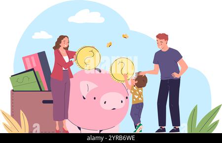 Familienbudget. Eltern und Kind Junge erhalten Geld Münzen in Schweinebank, Familien Finanzplan investieren Sparkonzept Paar mit Kindern große Einzahlung speichern Vektor Illustration Original Kunstwerk Stock Vektor
