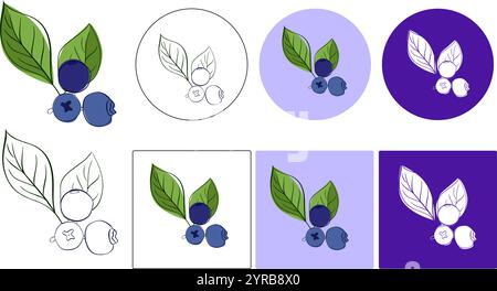 Ein Zweig Heidelbeeren mit grafischem Logo. Waldbeeren, handgezeichnete Tusche Strichzeichnung, für Logo, Ikonen, Tattoo, Postkarten, Poster. Sto Stock Vektor