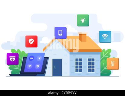 Smart Home Anwendungskonzept flache Illustration, Heimautomatisierung, Steuerung von Hausgeräten mit Laptop, Fernbedienungstechnologie, Haustechnik Stock Vektor