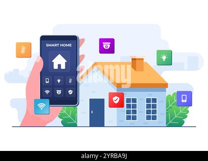 Smart-Home-Anwendung auf der Hand, die den Smartphone-Bildschirm hält, Heimautomatisierung, Steuerung von Hausgeräten, Fernbedienungstechnologie, Haustechnik Stock Vektor