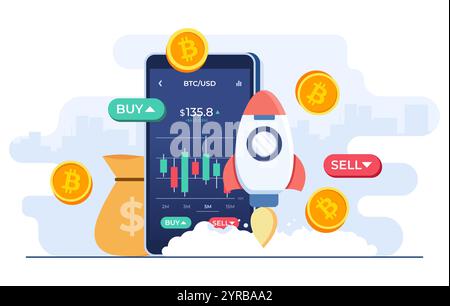 Kryptowährungshandel und wachsendes Konzept flache Illustration Vektorvorlage, Bitcoin Rising, Börsenszene mit Handy, Chart, Zahlen A Stock Vektor