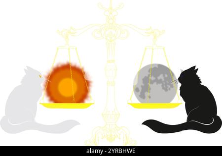 Helle dunkle Katze auf der Waage mit der Erde und der Sonne, Gleichgewicht in der Welt Bloggen mit einer Katze Stock Vektor