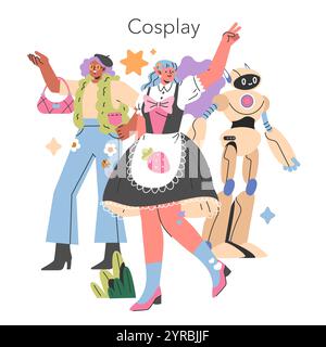 Gen Z Hobbys-Konzept. Verschiedene Gruppen, die sich mit Cosplay beschäftigen und Kreativität durch Kostümgestaltung und Rollenspiele zum Ausdruck bringen. Vektorabbildung. Stock Vektor