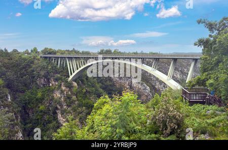 Bloukrans Bridge entlang der Garden Route in Südafrika. Eine Bogenbrücke, berühmt für Bungee-Jumping-Aktivitäten Stockfoto