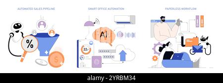 Business Process Automation festgelegt. Optimierung von Vertrieb, Bürobetrieb und Dokumentenmanagement mit KI und Robotik. Effiziente Technologieintegration. Vektorabbildung. Stock Vektor
