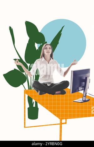 3D Foto Collage Vorlage Trend Artwork Skizze der Büromanagerin junge Frau Zen sitzen Tisch meditieren Computer Monitor Pflanze ruhig halten Stockfoto