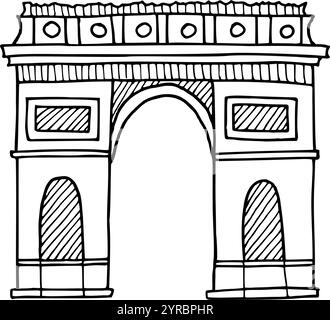 Silhouette des Arc de Triomphe, Triumphbogen Vektor Hand gezeichnete Illustration. Symbol von Paris. Vintage-Zeichnung mit schwarzer Tinte für Symbol oder Logo Stock Vektor