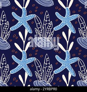 Nahtloses Muster mit Muscheln, Algen, Seesternen und Blasen. Stock Vektor