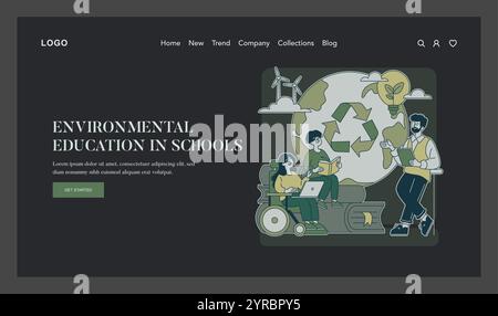 Umweltbildungskonzept. Die Schüler lernen mit einem Lehrer über Nachhaltigkeit und Recycling, der umweltfreundliche Praktiken leitet. Vektorabbildung. Stock Vektor