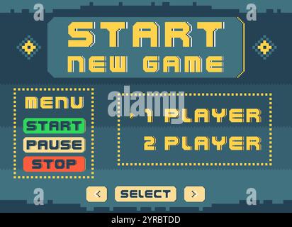 Spiel-Menü starten. Pixel Art-Konsole. Armaturenbrettanzeige. 8-Bit-Arcade-Player. Schriftart für die Benutzeroberfläche für Videospiele. Retro-Computergrafik. GUI-Bereich Stock Vektor