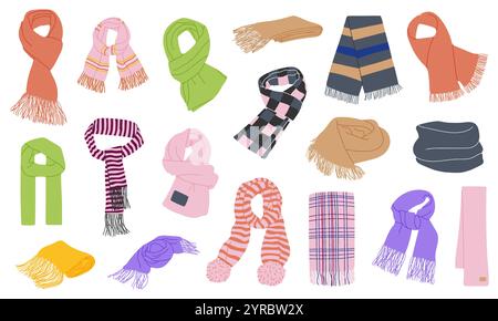 Winter Schal Set isoliert auf weißem Hintergrund. Farbenfrohes, flaches Design. Vektorabbildung. Stock Vektor