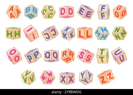Kinderwürfel mit Buchstaben. Babyspielzeug oder Farbschrift. Alphabet lernen. 3D-ABC-Block. Kindererziehung. Drehen Sie die Sehhilfe. Typografie-Schriftsatz. Ansicht A Stock Vektor