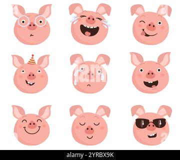 Comic-Schweine-Emoji. Lustige Bauerntierköpfe mit verschiedenen Emotionsausdrücken. Die süße Zoofigur lächelt. Fröhliches Lachen. Tränen weinen. Kindermaskottchen. Dom Stock Vektor