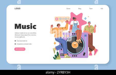 Gen Z Hobbys-Konzept. Junge Erwachsene genießen Musik und soziale Interaktion in einem modernen Web-Interface-Design. Musikalischer Ausdruck und digitaler Lifestyle. Vektorabbildung. Stock Vektor