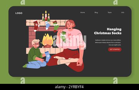 Familie weihnachtliche Tradition des Hängens festlicher Socken am Kamin, dargestellt auf einem gemütlichen Website-Banner. Wärmende Winterferien. Vektorabbildung. Stock Vektor