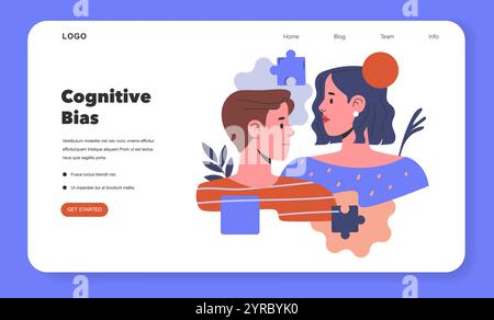 Cognitive Bias Concept Webbanner mit Mann und Frau, die Puzzleteile in einer Gedankenblase anbringen. Website-Psychologie-Inhaltsdarstellung. Vektorabbildung. Stock Vektor
