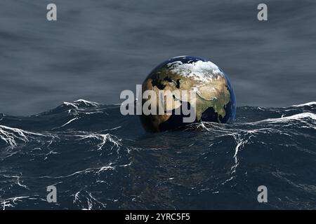 Planet Erde schwimmt im Ozean bei Sturmwetter. 3D-Darstellung des Konzepts der globalen Erwärmung, des Klimawandels und der Überschwemmungen Stockfoto