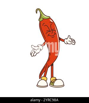 Cartoon groovige rote Chili Pfeffer Gemüsefigur mit lustigem Gesicht, Vektor-Retro-Comic. Grooviger Chili-Pfeffer mit fröhlichem Lächeln und funky niedlichem Gesicht für Gemüseemoji oder Retro-Zeichentrickfiguren Stock Vektor